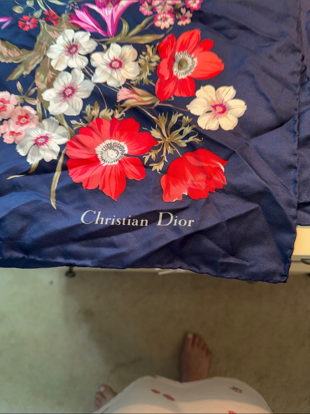 Dior Floral Navy Scarf with Multi-Colored Blooms by with COA - Picture 2 of 5